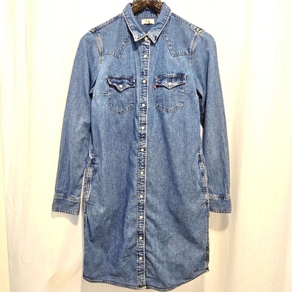 Levi's Long Sleeve Blue Western Denim Shirt Dress - Picture 4 of 14